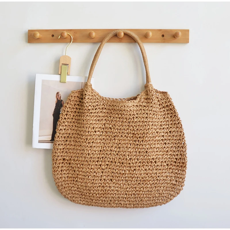 Vintage Einfarbige Gewebte Schultertasche, Minimalistische Casual Pendler-Handtasche für Frauen, Sommer Strand Handgefertigte Leichte Tasche – Detail 7