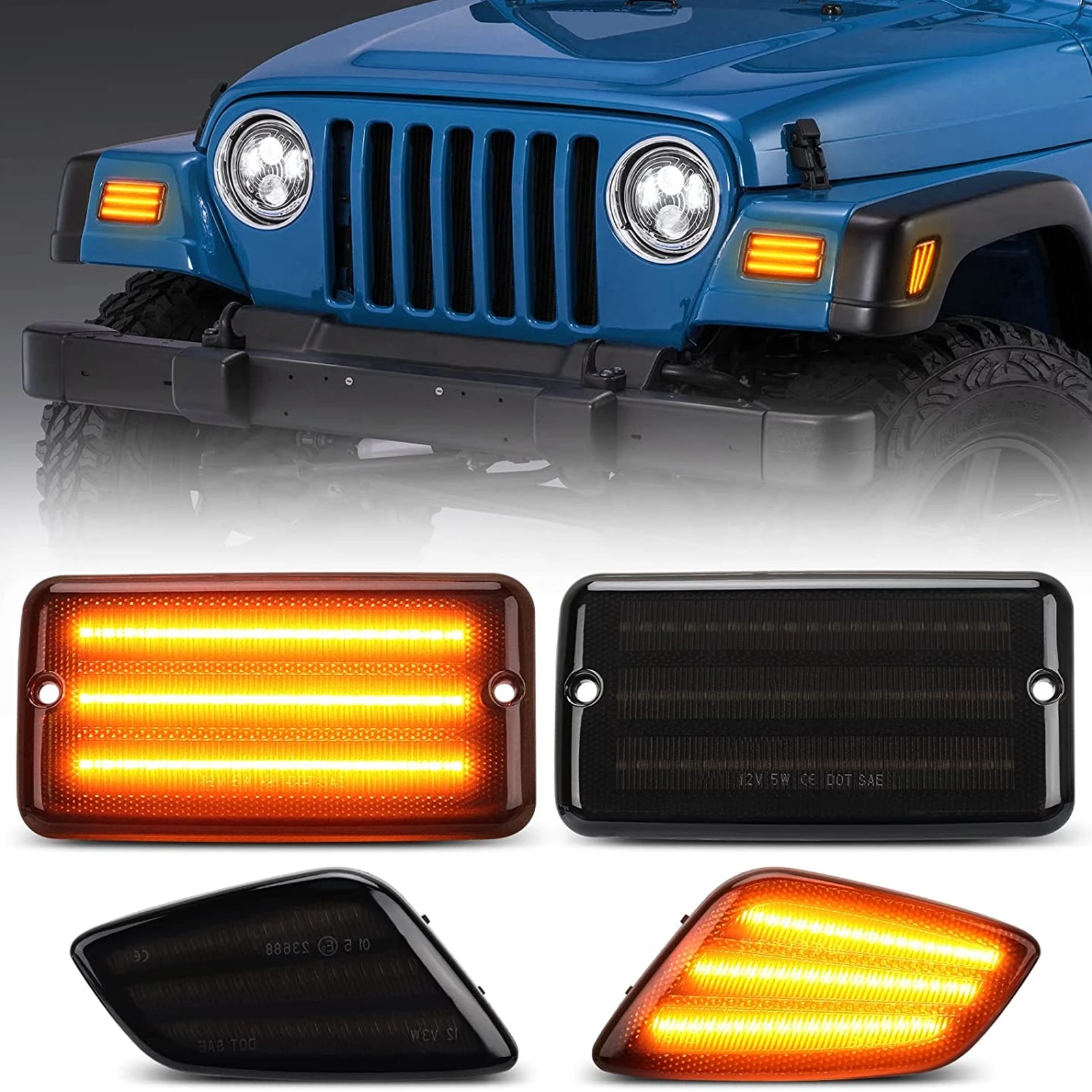 4pcs Car Led Fender Side Marker Lights Bumper Yellow Amber Turn Signal Lamps Kit for 1997-2006 Wrangler TJ 55155629AC 55155628AC