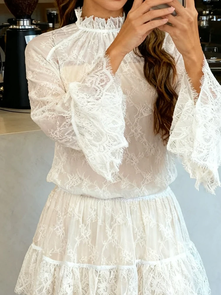 

Женское повседневное однотонное вечернее платье с расклешенными рукавами, модное прозрачное драпированное платье трапециевидной формы, элегантное мини-платье с круглым вырезом и кружевной вышивкой