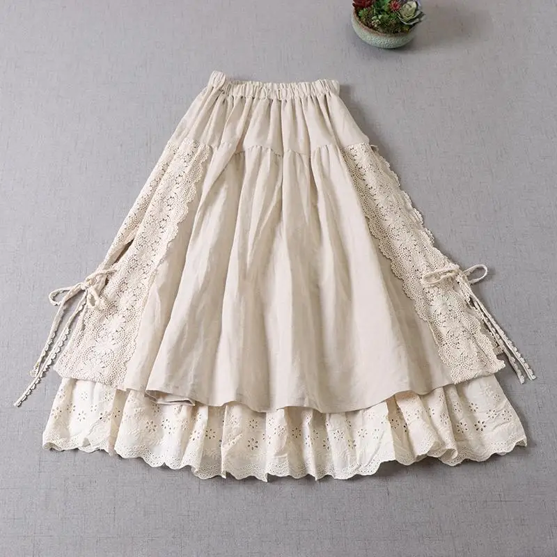 Japan Style Mori Girl Lace Patchwork Linen Skirt Literature Embroidery Double inner lining A-line Skirt Spring New