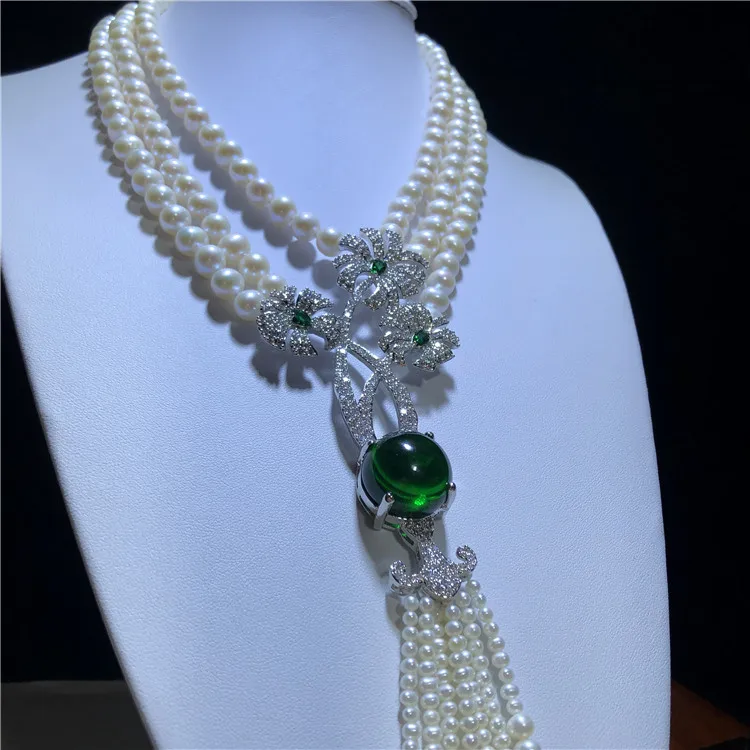 Hand knotted 3rows natural 7-8mm white freshwater pearl fashion necklace micro inlay zircon accessories