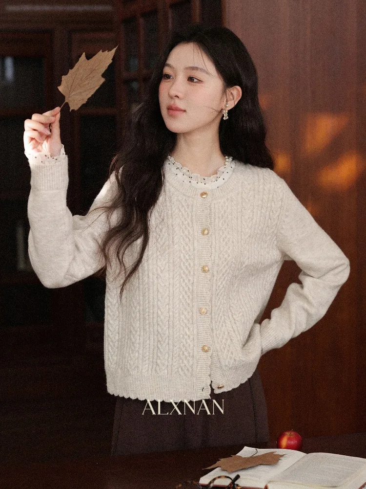 ALXNAN Women's Knit Cardigan Polka Dot Ruffled Collar Faux Two-Piece Cable Sweaters Autumn Slim-Fit Knit Tops Ladies DYL662173