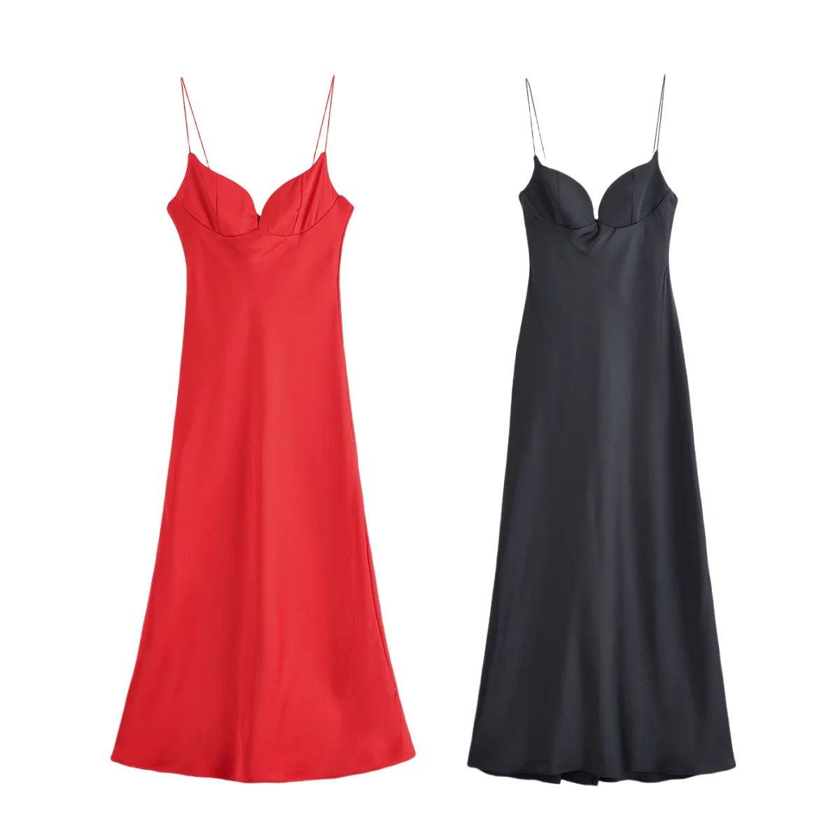 

BM&MD&ZA Women's Sexy and Elegant Low - Cut Sleeveless Spaghetti Strap Satin - like Mid - Length Vacation - Style Dress