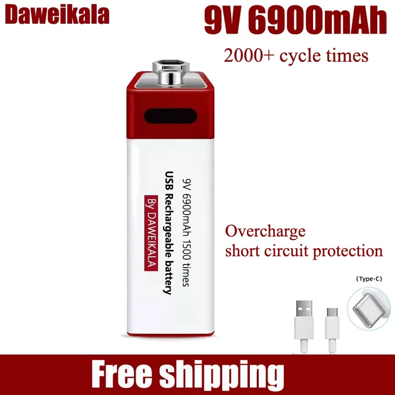 Baterai 9V Bersertifikat UL Kapasitas Tinggi 6900mAh - 2000+ Siklus Dapat Diisi Ulang untuk Detektor Asap/Multimeter/Mic Pengisian Daya USB-C