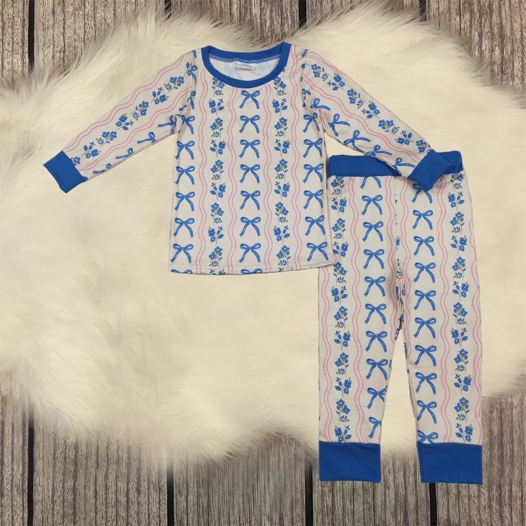 

Детская одежда для сна с синими бантиками и цветочным принтом для малышей, детская одежда для сна с длинными рукавами, рубашка для младенцев, брюки, весенне-осенняя одежда, пижамный комплект, оптовая продажа