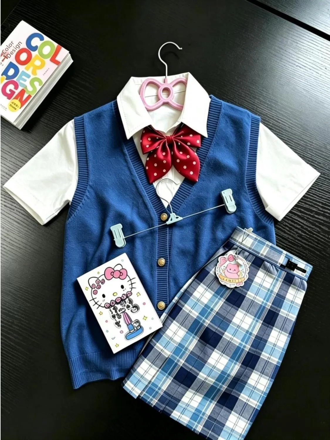 Conjunto de Chaleco y Cárdigan de Punto Estilo Colegial, Uniforme Escolar Dulce, Azul Original, con Nudo, Transpirable, Ropa Casual