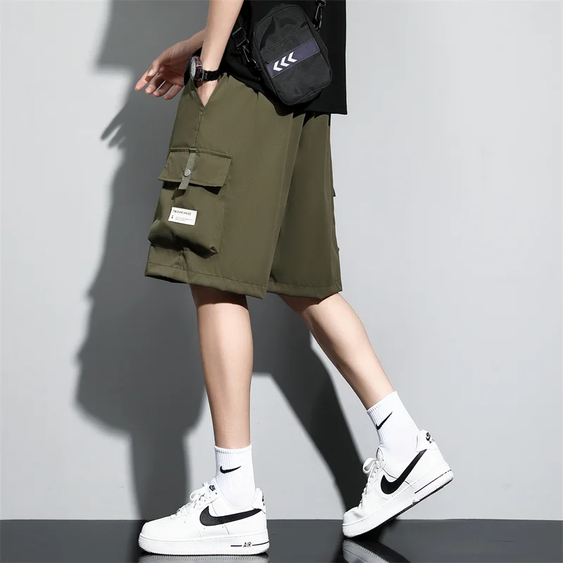 2024 New Summer Men's Loose Cargo Shorts Y2k Multi-Pockets Wide Leg Baggy Short Pants Ice Silk Quick Dry Straight Casual Shorts