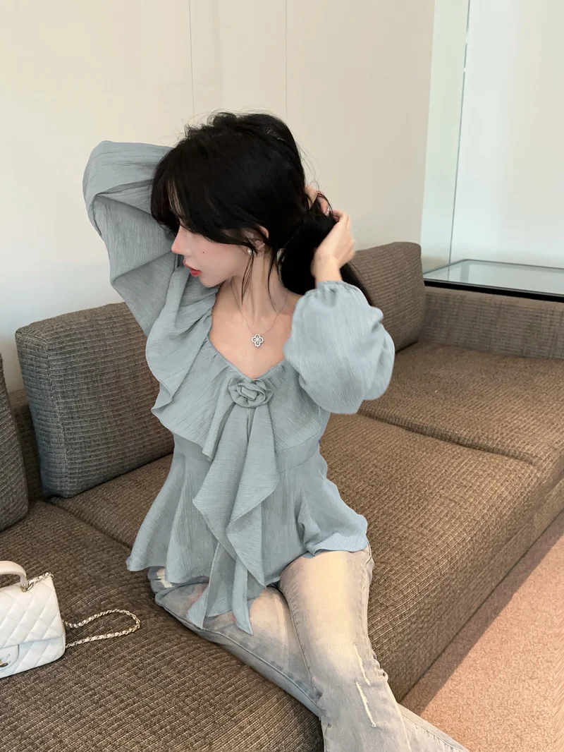 

Рубашки с длинным рукавом, женские шифоновые топы на пуговицах, рукава-фонарики, плиссированный подол, офис, минималистичный ретро, элегантный, женский для поездок на работу