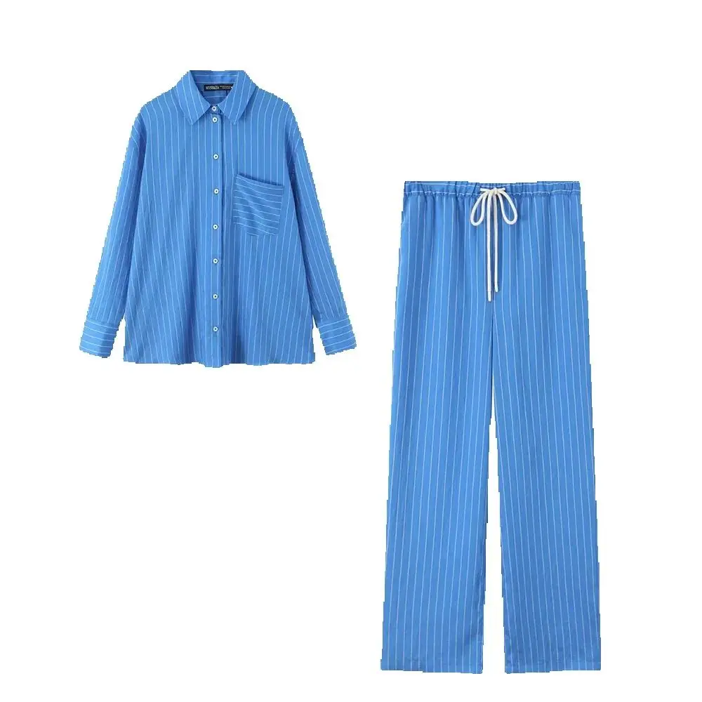 

Европейская и американская полосатая спортивная рубашка с длинными рукавами, полосатые прямые брюки со средней талией, модная женская одежда