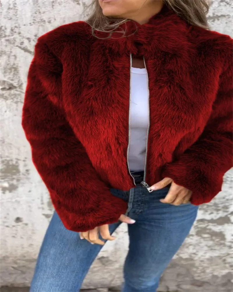 

new model Plus size autumn and winter fashion casual fur high-necked zippered jacket plus size