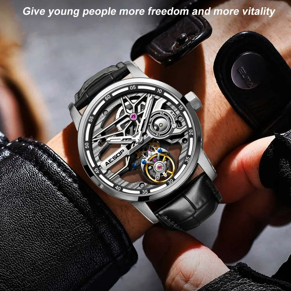 AESOP Men Flying Tourbillon Mechanical Full Skeleton Waterproof Watches Top Brand Luxury Watch for Men Sapphire With Diamond Man