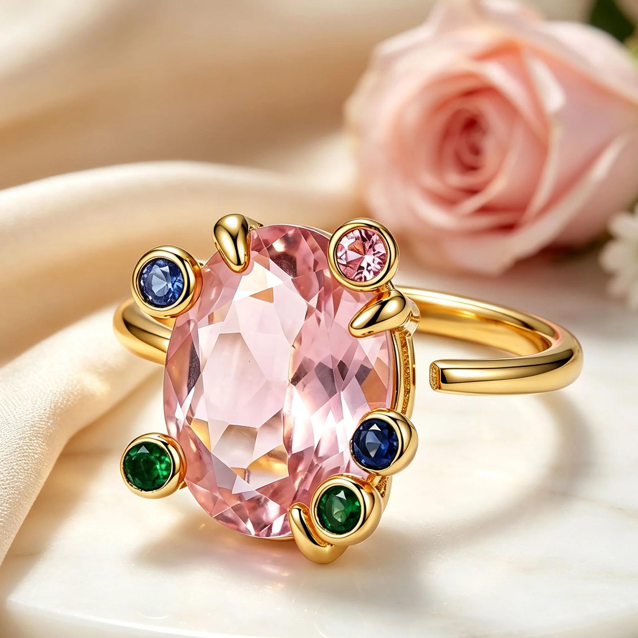 Luxuriöser ovaler Ring mit rosa CZ und mehrfarbigen Edelsteinen, vergoldeter Statement-Cocktailring, eleganter Damenschmuck, Geschenk zum Jahrestag – Detail 1