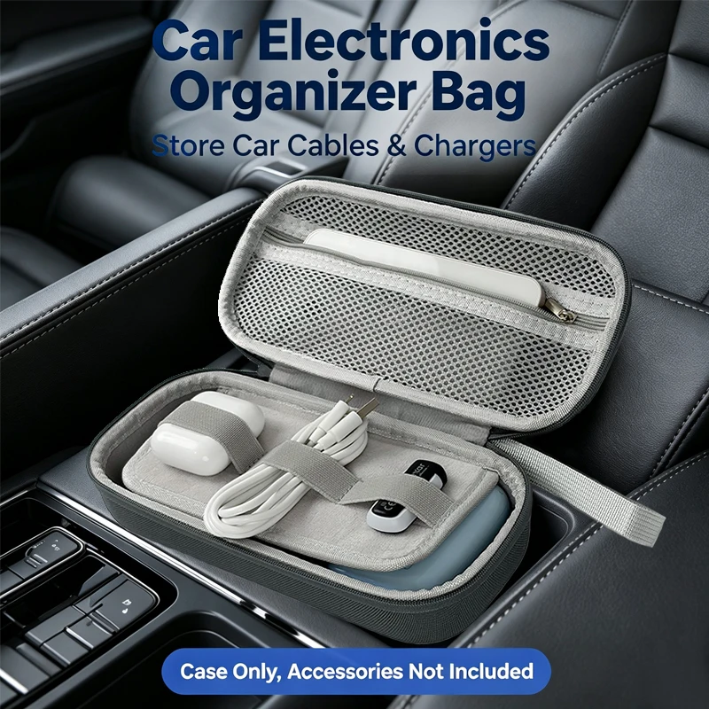 Car Electronics Organizer Bag, EVA Hard Shell Portable Case for Cables & Chargers, Versatile for Car Travel Office Home Storage
