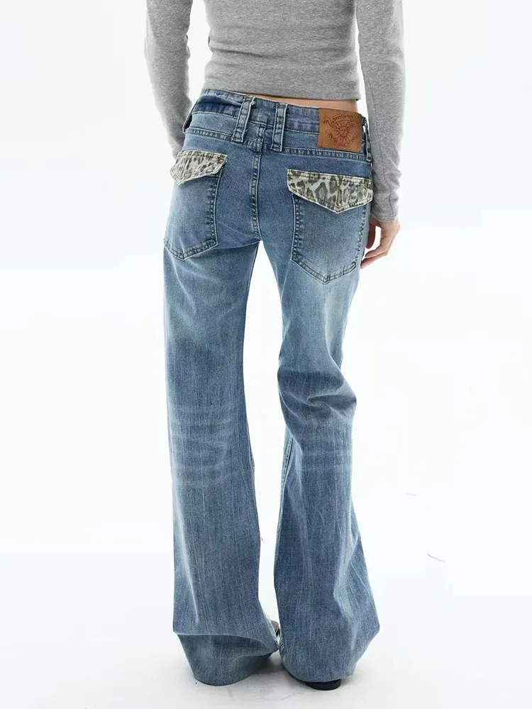 Vintage Blue Washed Jeans Women Y2K Leopard Print Patchwork High Street Bootcut Jeans American Grunge Straight Denim Trousers