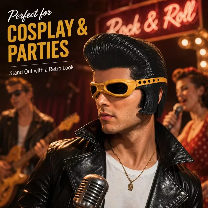 Elvis Presley Latex Pompadour Wig with Built-in Yellow Sunglasses 50s Rockabilly Greaser Cosplay Headpiece for Halloween Party