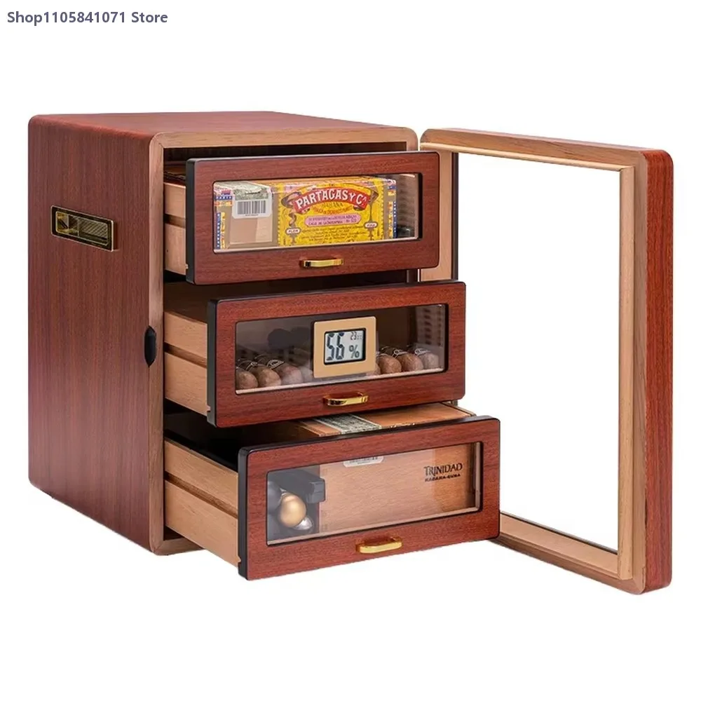 Cigar Humidor Cedar Wood 3 Drawer with Digital Hygrometer Humidifier Hidden Handle Moisture Box Holds 100-130 Cigars