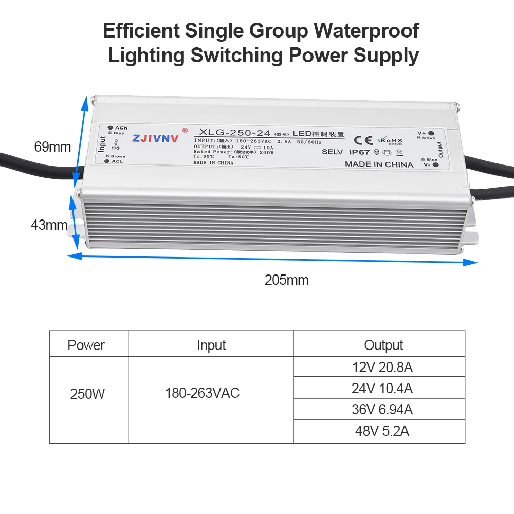 250W Waterproof LED Power Supply IP67 12V 16.5A 24V 10A 36V 7A 48V 5.2A CV Driver Slim Aluminum Lighting Transformer