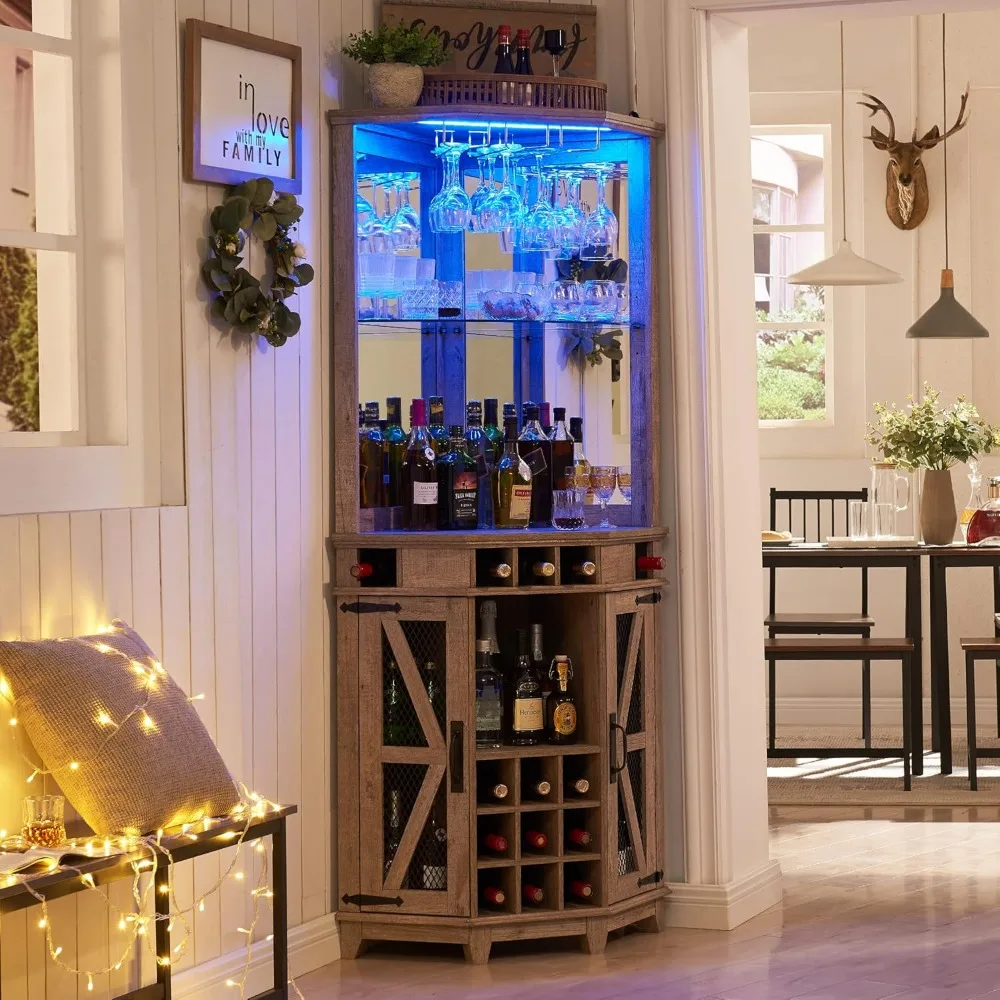 

72" Tall Farmhouse Wine Bar Cabinet w/Barn Door & Adjustable Shelf, Home Bar Cabinet w/LED Light