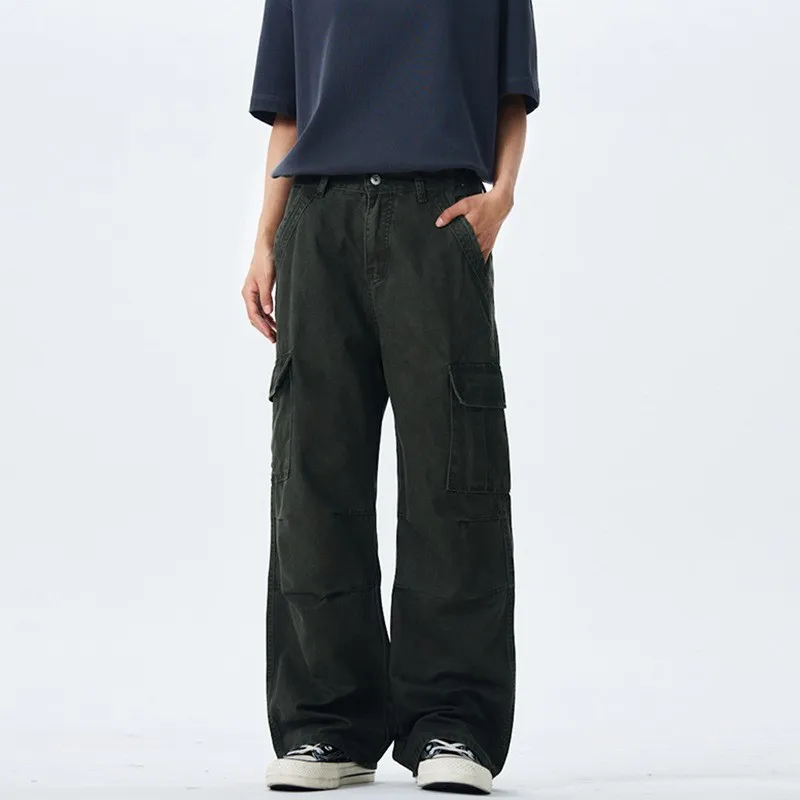 

Fourr Seasons American Vintage Fashion Men's Solid Color Washed Casual Trendy Simple Basic Straight Loose Trousers Male Pants