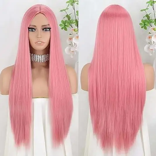 Synthetic Pink Wig for Women Long Pink Wig Straight Pink Wig Natural Looking for Cosplay