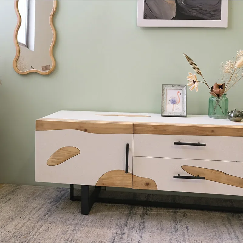 Nordic cream style log color creative nougat TV cabinet small apartment solid wood leisure simple living room wall side cabinet