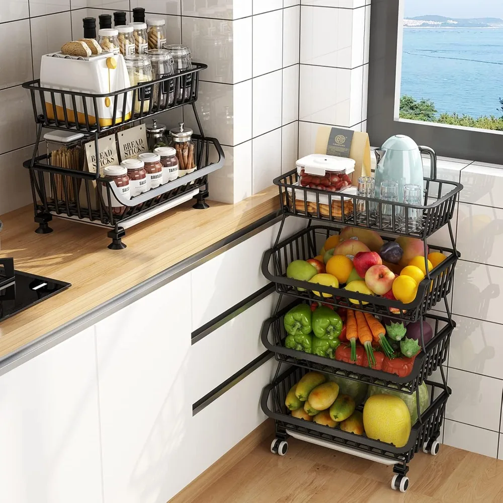 

Metal Wire Baskets with Wheels, Stackable Storage Bins Kitchen Organizer Shelf 4-5 Tier Fruit Vegetable Cart Dishes Seasonal