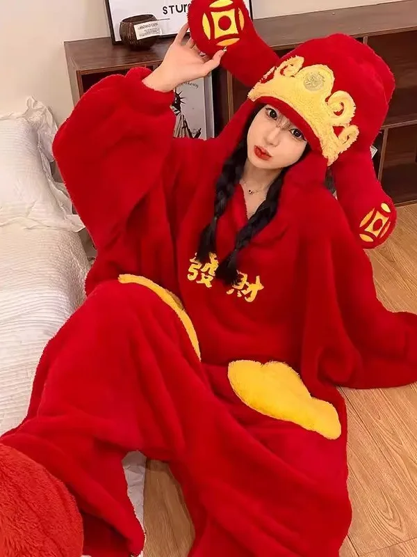 

plus Size Coral Fce Pajamas Women's Sle Autumn Winter Home Clothes Couple's Festive Red Color Luy God Spwear