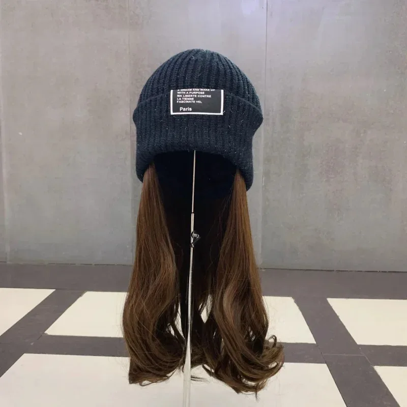 

New Beanies Hat With Hair Wigs For Women Long Hair Synthetic Wig Warm Soft Ski Knitted Autumn Winter Cap ABCABCABCABC2025