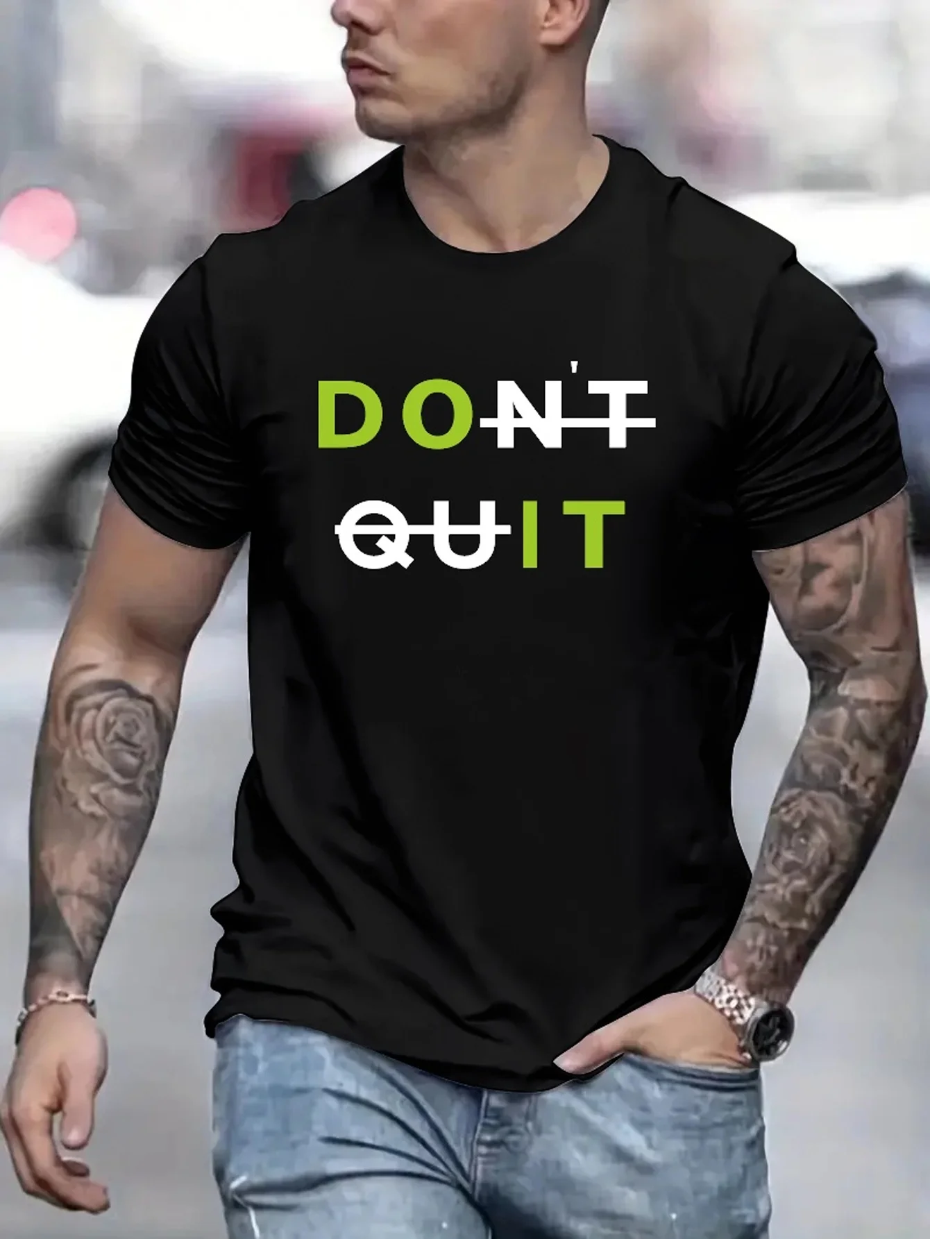 

Mens Casual Short Sleeve T-Shirt with Unique Dont Quit Print Soft Polyester Blend Stretch Fit Round Neck Perfect for Summer