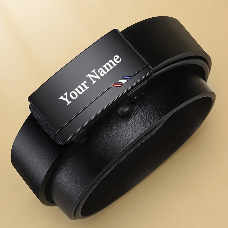 Eleganter personalisierter Herrengürtel, Kunstleder mit individuellem Gravurname, automatischer Legierungsschnalle, Business, Geschenk zum Vatertag