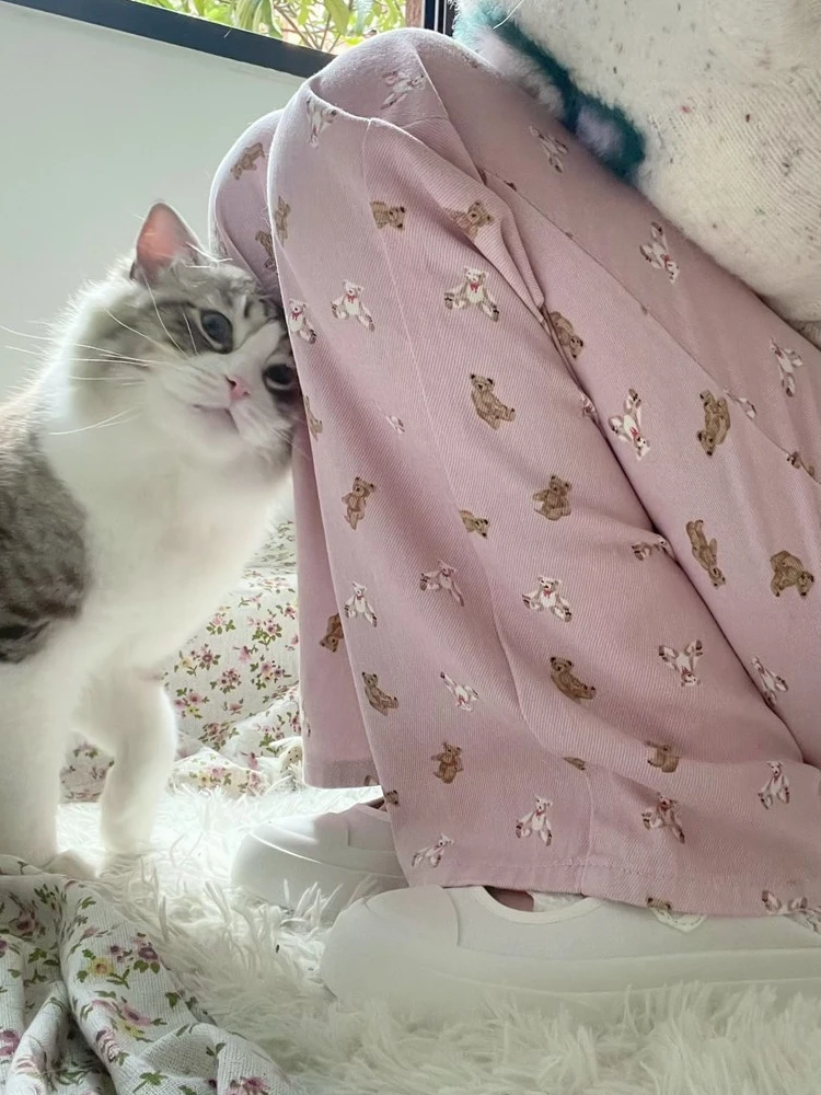 Dopne Girl Pink Bear Print High Waist Wide Leg Jeans Women's Autumn Winter Loose Fit Bootcut Pants Retro Sle Denim