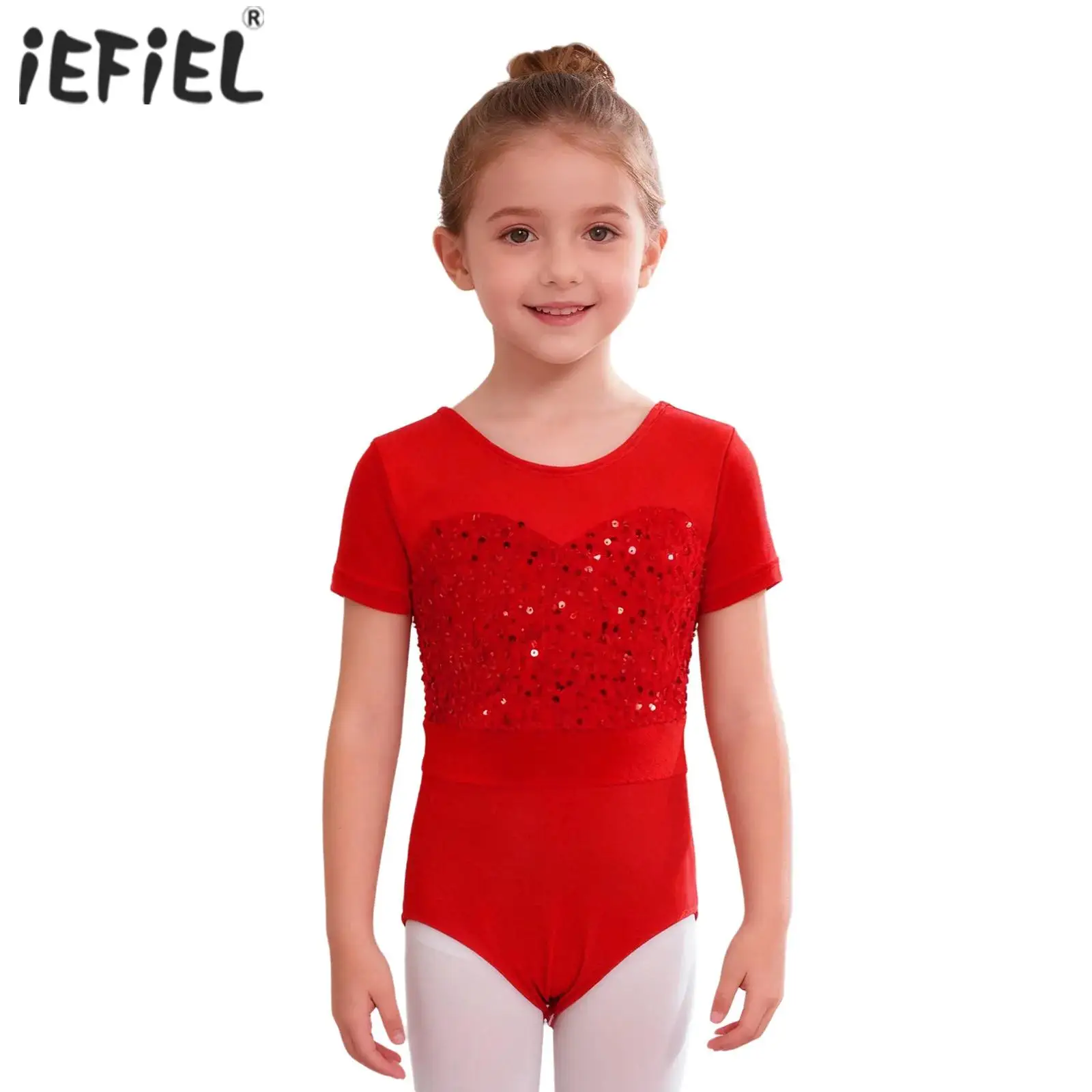 

Детский балетный трико с блестящими пайетками для девочек, танцевальный трико, костюм для выступлений, боди с короткими рукавами и пуговицами в промежности