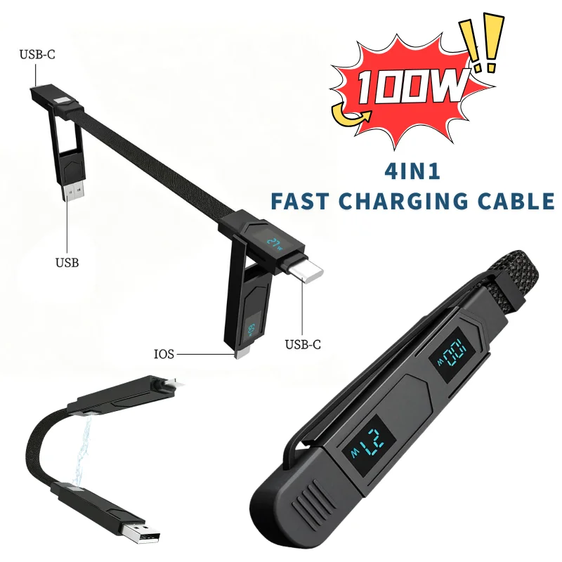 100W 4In1 Digital Power Display With Screen Keychain TYPE-C Fast Charging Cord Magnetic Multi Connectors Fast Charging Cable