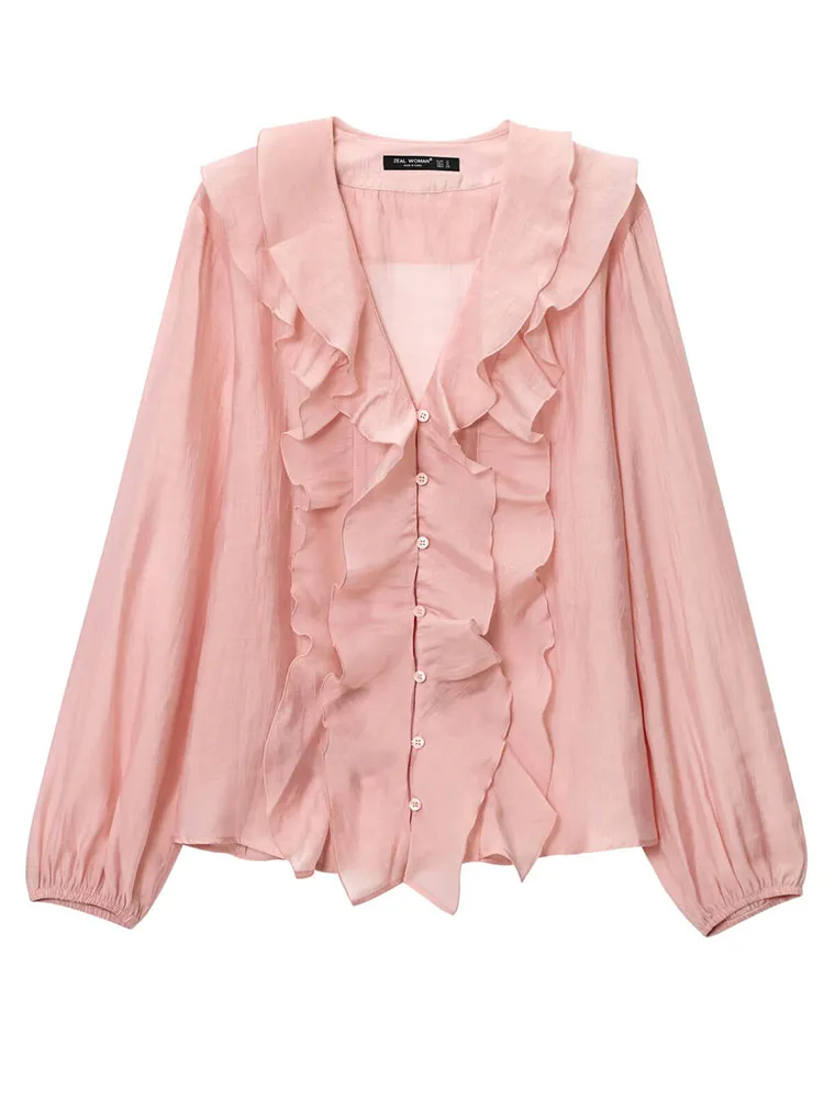 HH Women Summer Coquette Romantic Pink Ruffle Blouse Spring V Neck Long Lantern Sleeve Button Front Lightweight Chiffon Top