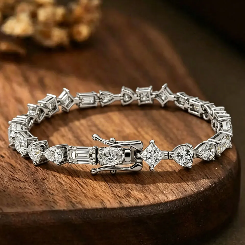 KANOLAN Moissanite Tennis Bracelets for Women Mixed Cutting Pear Oval Heart Princess Cut Lab Diamond S925 Silver Bridal Bracelet