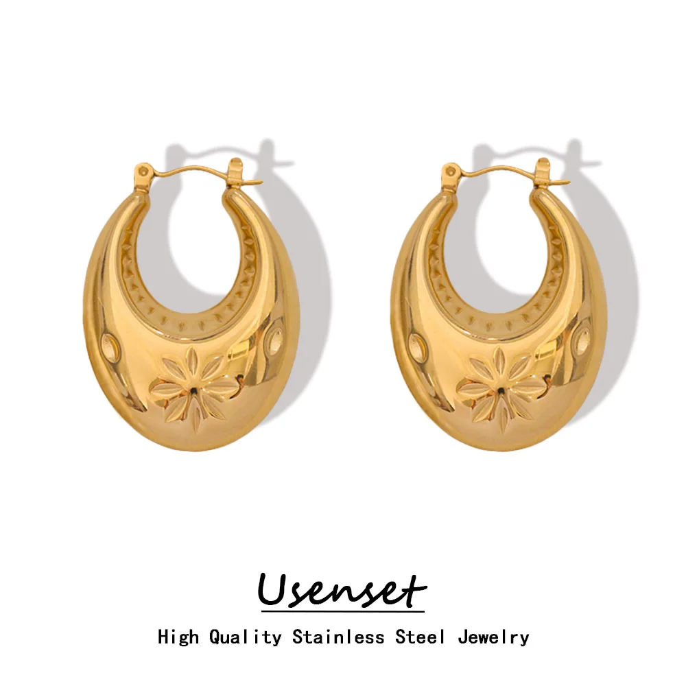 

USENSET Stainless Steel Carving Exquisite Hoop Earring Gold Color Fashion Daily Jewelry Waterproof Bijoux Women