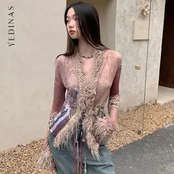 Yedinas Tie Dye Sheer Mesh Tops See Through Indie Folk Tassel Shirt Women Cottagecore Print Lace Up Blouses Y2k Vintage Shirts