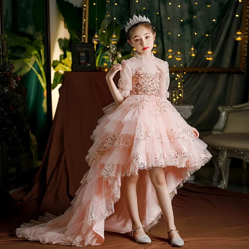 Little Girls Cocktail and Evening Dresses Pink Classic High Low Teen Girls Formal Party Gown Kids Sequin Tutu Princess Dress