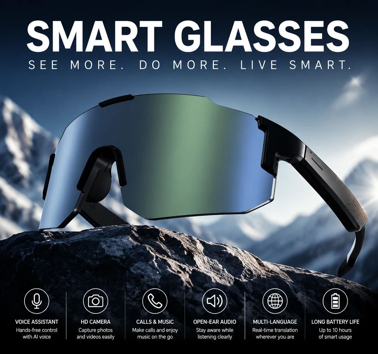 Smarte Brille für Männer und Frauen, kabelloses Bluetooth-Telefonieren, 100+ Outdoor-Sportarten, Musiksteuerung, lange Akkulaufzeit für iPhone