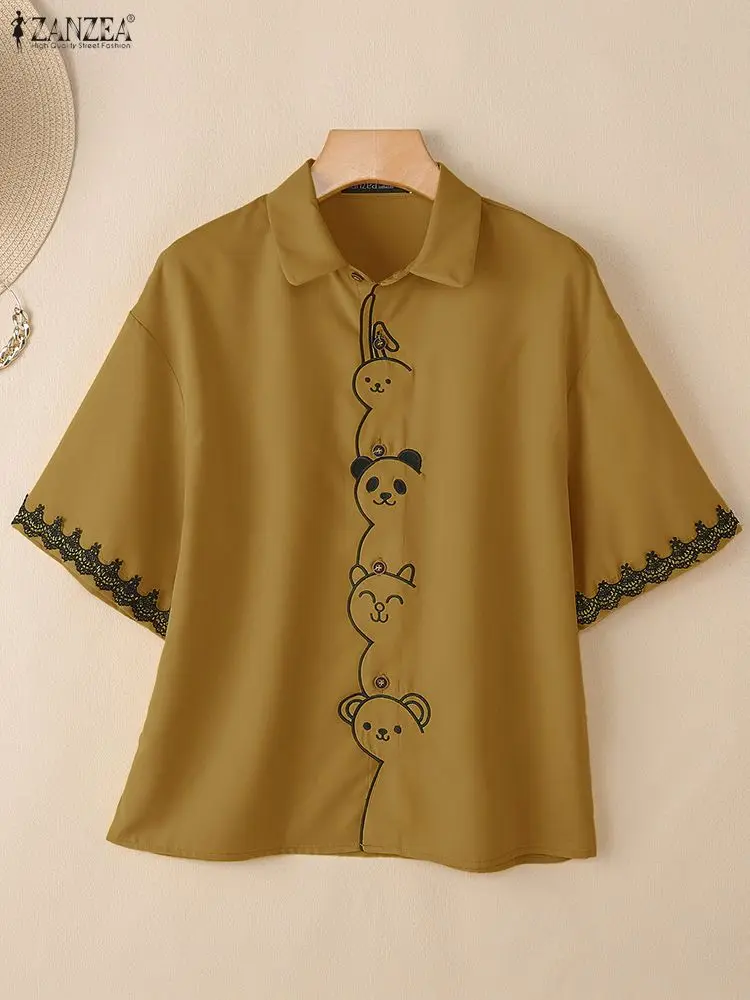 ZANZEA レディース レース パッチワーク 半袖シャツ 夏 2025 カジュアル ターンダウンカラー 刺繍入り 漫画ボタンアップ デイリートップス 3XL