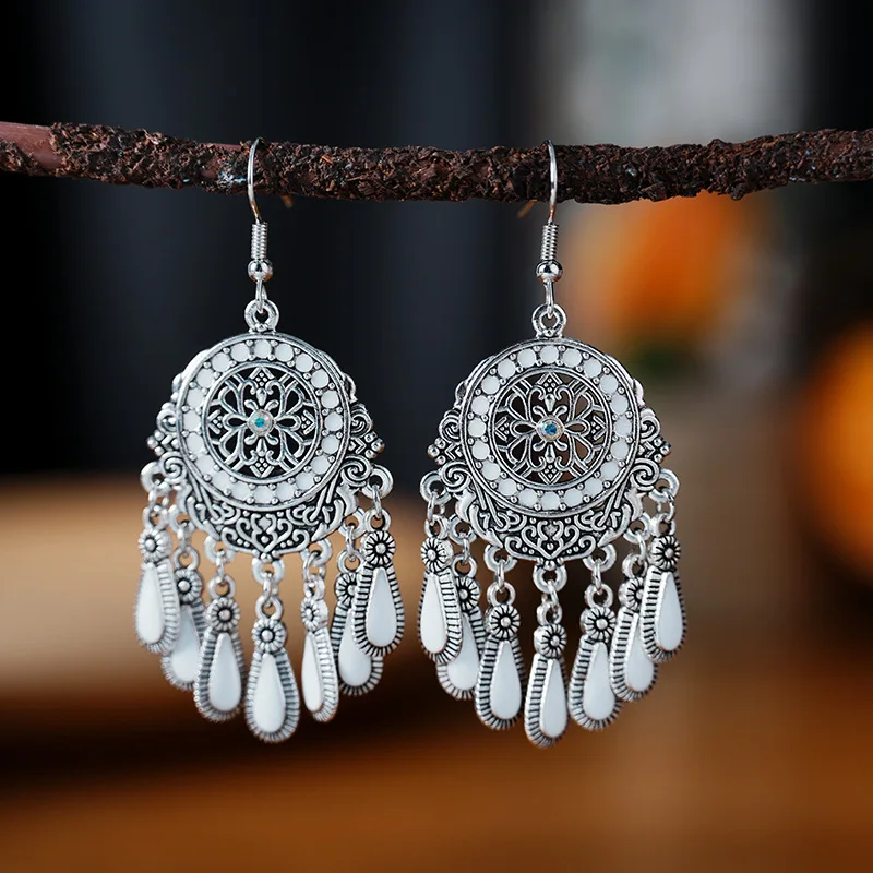 Ethnic Style Drop Oil Tassel Water Drop Earrings for Women Elegant Silver Color Vintage Hollow Out Carved Earring Female Jewelry
