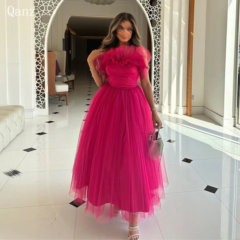 

Qanz Fuchsia Evening Dress Off Shoulder Ruffles Saudi Arabic Formal abendkleider Vestidos De Gala Mujer Party Gowns Customized