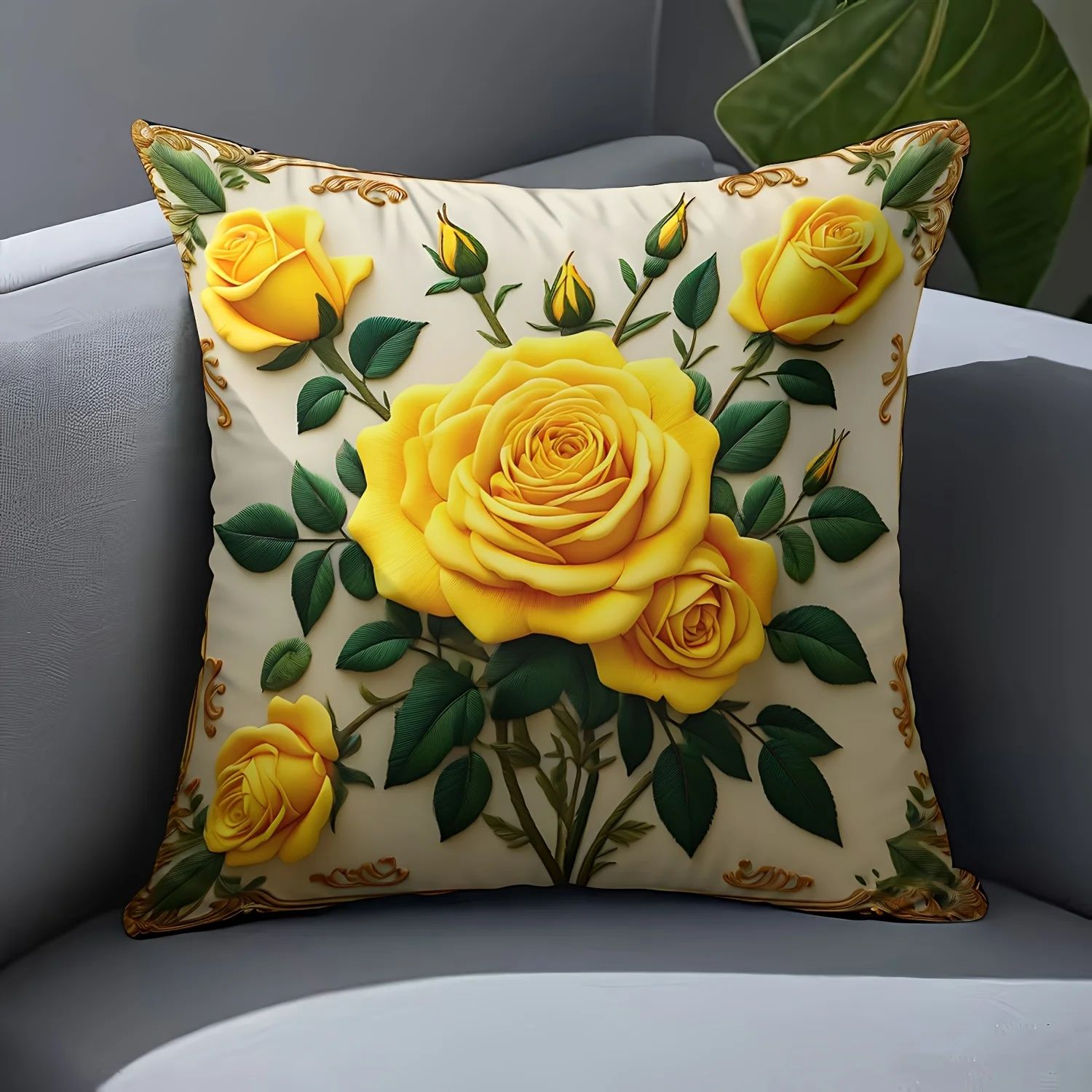 1pc Yellow Rose Themed Printed Throw Pillow Cover, Suitable for Sofa, Bedroom, Living Room, an Elegant Gift for Flower Lovers.