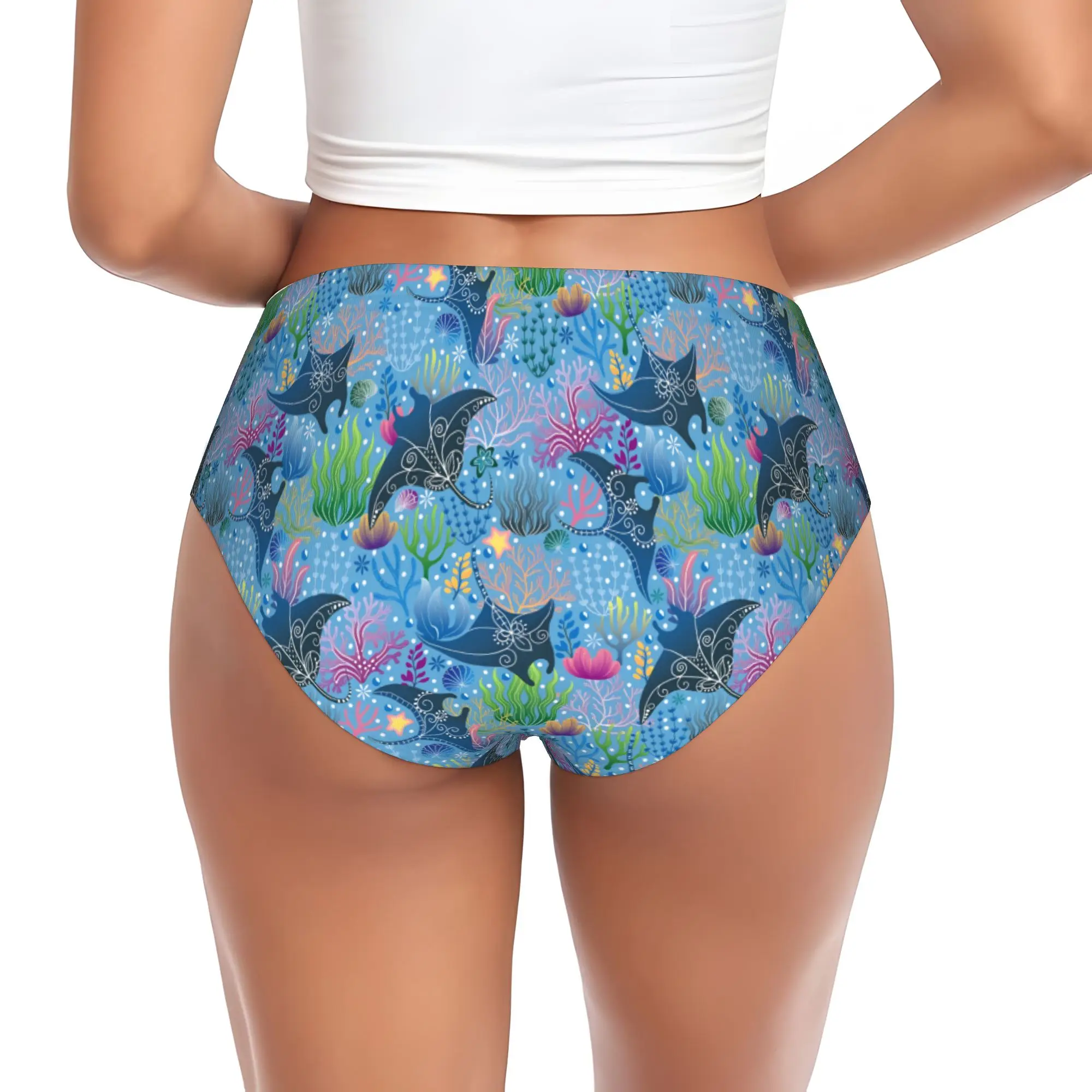 Coral Seamless Marine Life Manta ray    Briefs Underwear Women Breathable Stretch Shells Starfish Seamless Pattern Panties