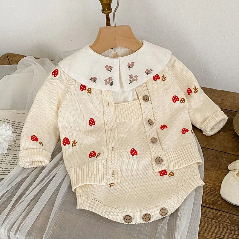 Spring Autumn Kids Suit Infant Baby Girls Clothing Set Long Sleeve Knitted Cardigan+Jumpsuit Newborn Baby Girls Clothes Suit