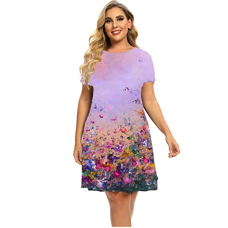 Summer Retro Floral Plant Pattern Dresses For 2023 Women Clothing Plus Size Short Sleeve Loose Clothing Casual 3D Print Dress