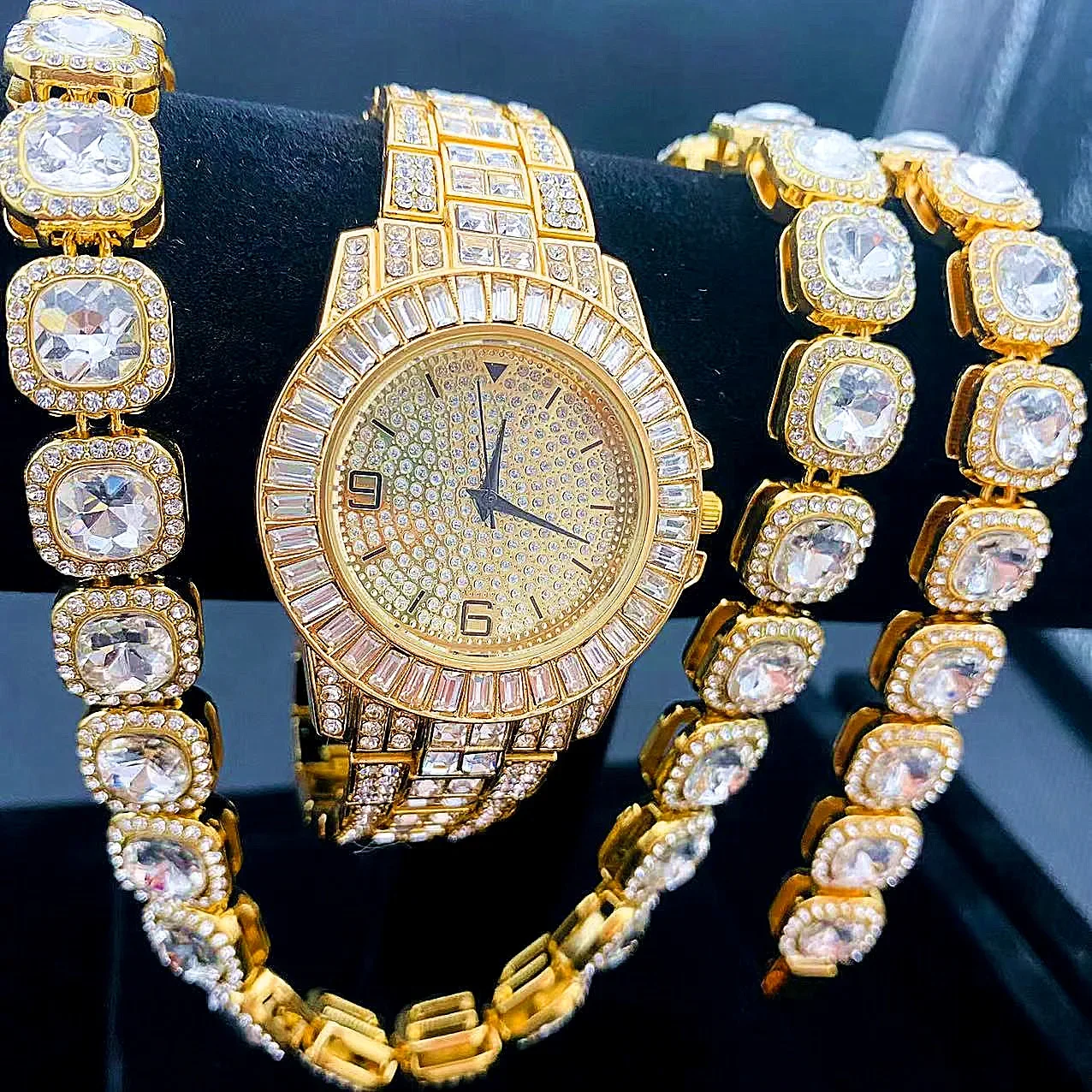 3PCS Iced Out Watch + Bracelet + Necklaces for Men Women Couple Gold Watch Link Chains Bling Jewelry Set for Men Women Watches