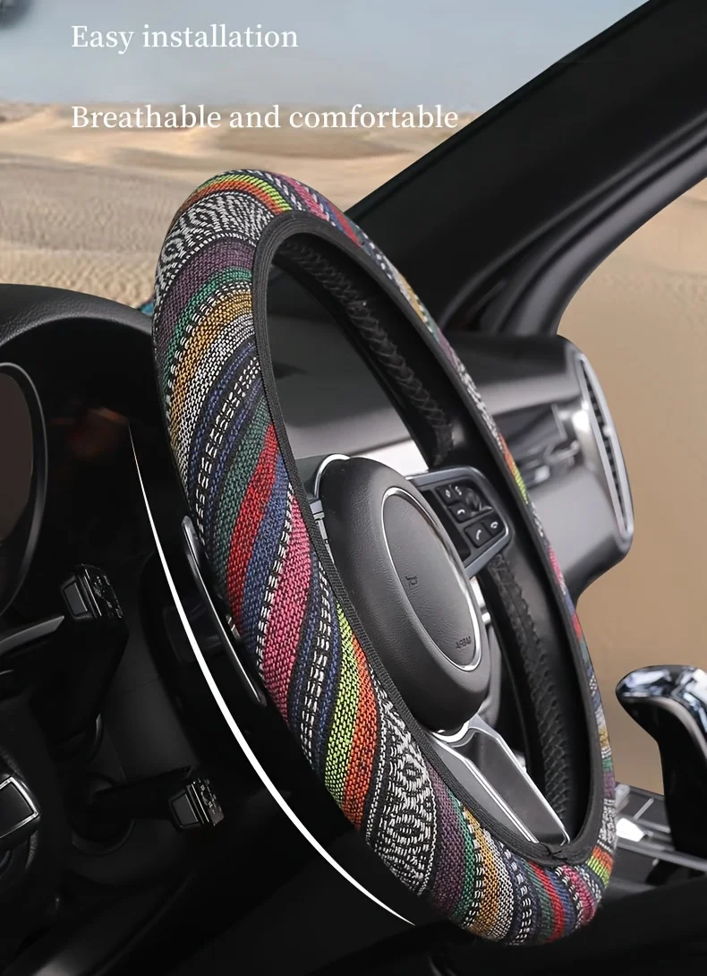 38 cm 15 Zoll personalisierter, elastischer Auto-Lenkradbezug ohne Innenkreis im Ethno-Stil mit einzigartigem Design – Detail 3