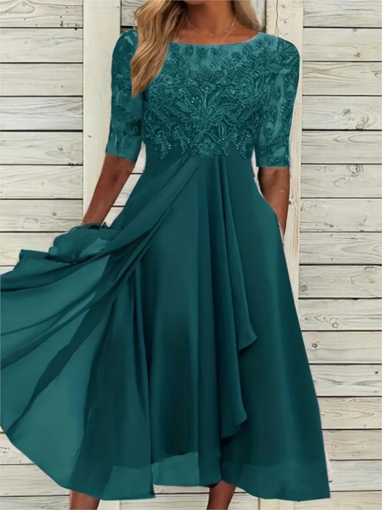 Vestido de cintura de manga corta con cuello redondo a la moda para mujer elegante gasa de Color sólido empalmado ​ ​ Vestidos de noche huecos de encaje Mujer