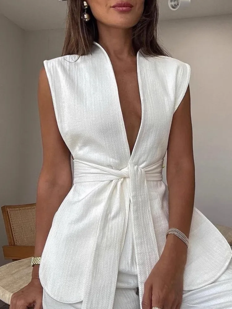 ZMEENNA Gilet bianco con scollo a V profondo da donna con vita legata e design senza maniche elegante e chic casual per l'estate ZM3798